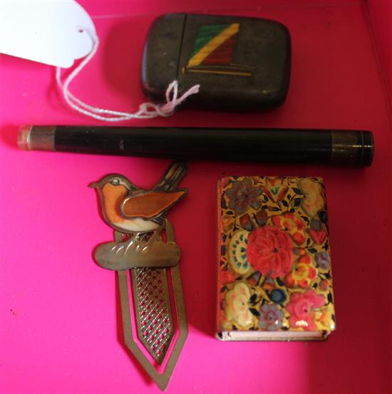 Silver vesta case, enamelled matchbox holder, book marker and horn cigarette holder